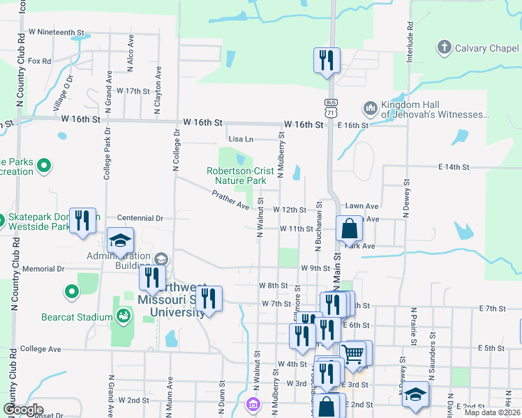 map of restaurants, bars, coffee shops, grocery stores, and more near 426 W 12th St in Maryville
