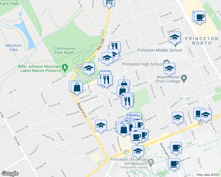 map of restaurants, bars, coffee shops, grocery stores, and more near 30 Leigh Avenue in Princeton