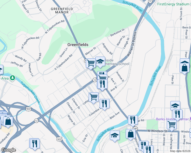 map of restaurants, bars, coffee shops, grocery stores, and more near 1406 Schuylkill Avenue in Reading