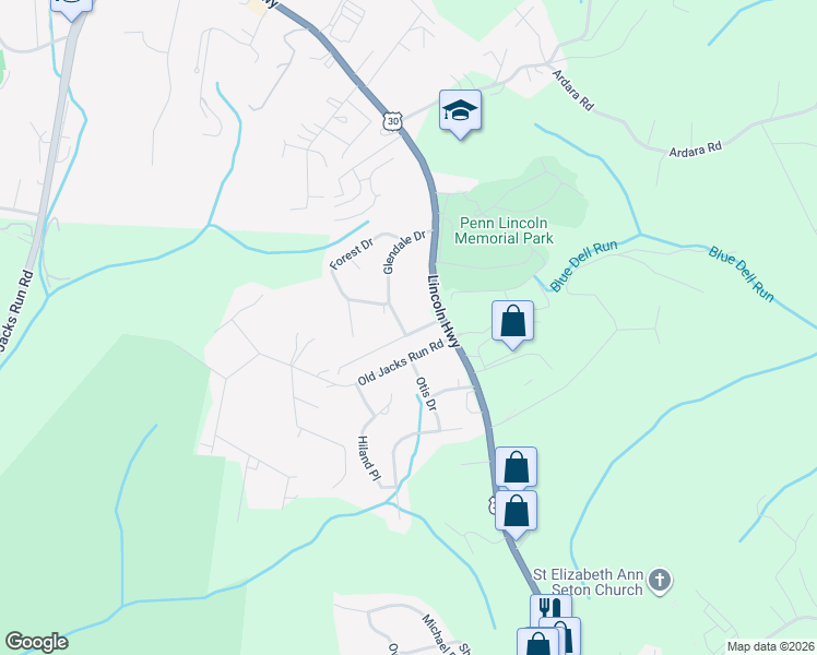 map of restaurants, bars, coffee shops, grocery stores, and more near 305 Glendale Drive in Irwin