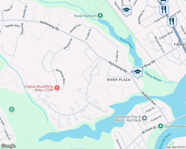 map of restaurants, bars, coffee shops, grocery stores, and more near 24 Manchester Court in Red Bank