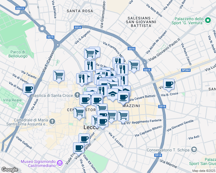 map of restaurants, bars, coffee shops, grocery stores, and more near 55 Via di Porcigliano in Lecce