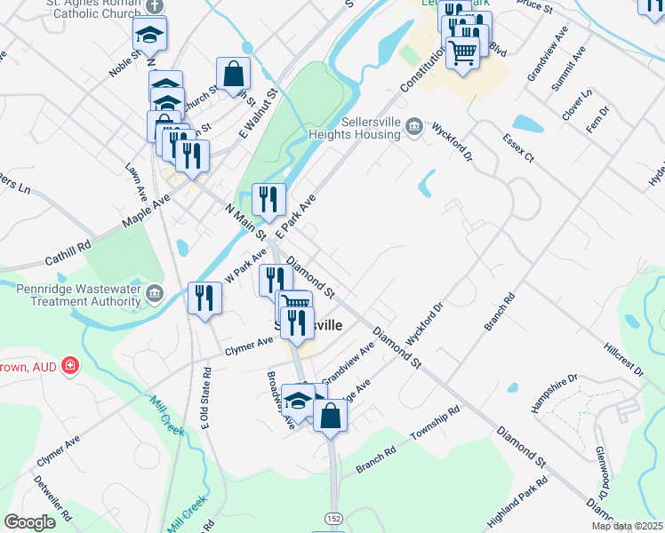 map of restaurants, bars, coffee shops, grocery stores, and more near 178 Hughes Avenue in Sellersville