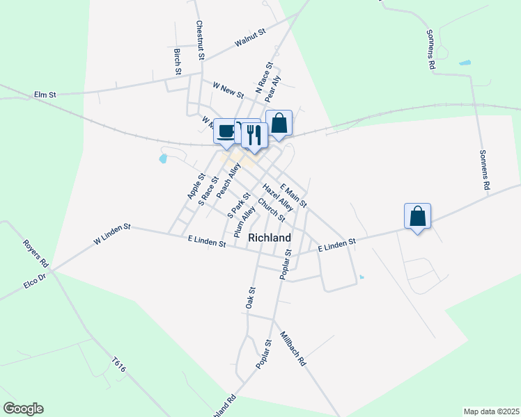 map of restaurants, bars, coffee shops, grocery stores, and more near 106 Church Street in Newmanstown