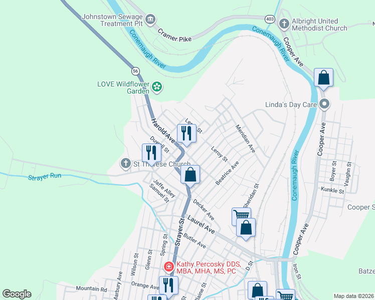 map of restaurants, bars, coffee shops, grocery stores, and more near 466 Harold Avenue in Johnstown