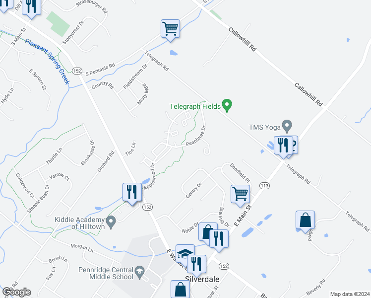 map of restaurants, bars, coffee shops, grocery stores, and more near 2501 Peachtree Drive in Perkasie