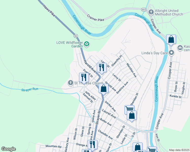 map of restaurants, bars, coffee shops, grocery stores, and more near 490R Duwell Street in Johnstown