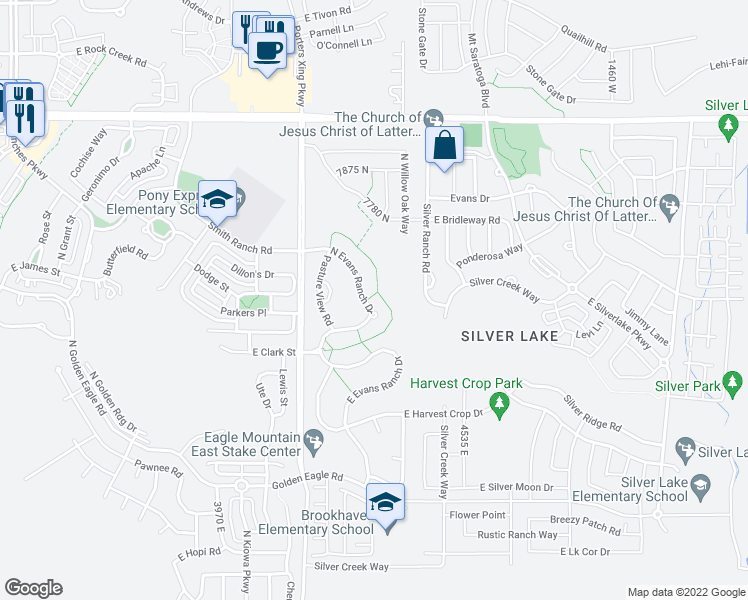 map of restaurants, bars, coffee shops, grocery stores, and more near 7592 North Evans Ranch Drive in Eagle Mountain