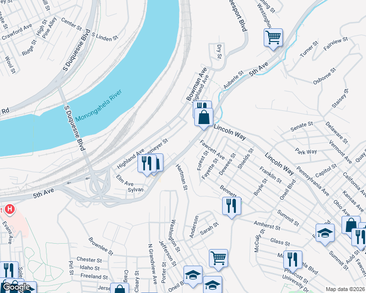 map of restaurants, bars, coffee shops, grocery stores, and more near 2525 5th Avenue in McKeesport