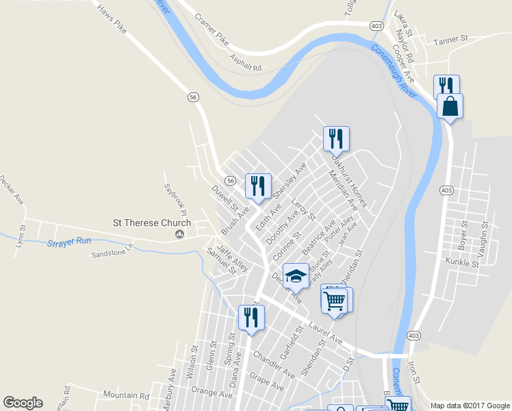 map of restaurants, bars, coffee shops, grocery stores, and more near 465 Harold Avenue in Johnstown
