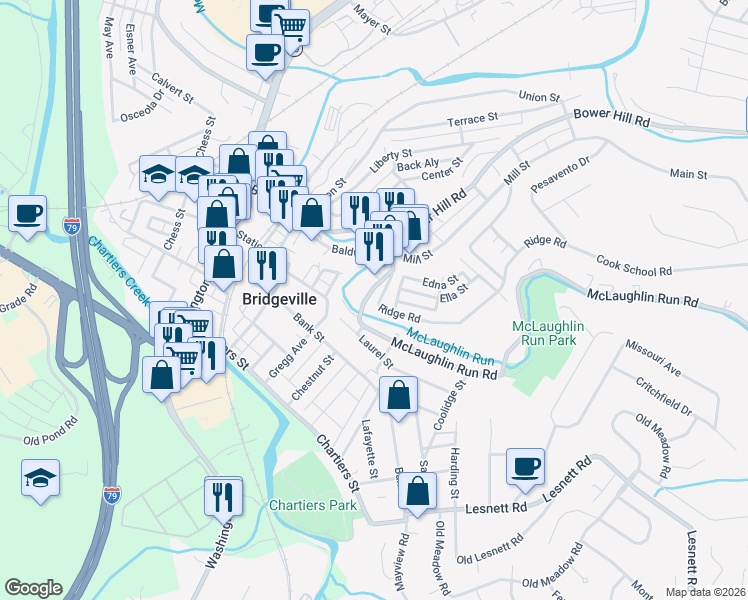 map of restaurants, bars, coffee shops, grocery stores, and more near 859 McLaughlin Run Road in Bridgeville