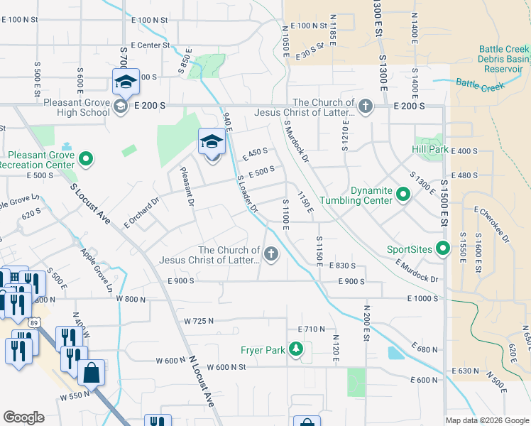 map of restaurants, bars, coffee shops, grocery stores, and more near 635 Loader Avenue East in Pleasant Grove