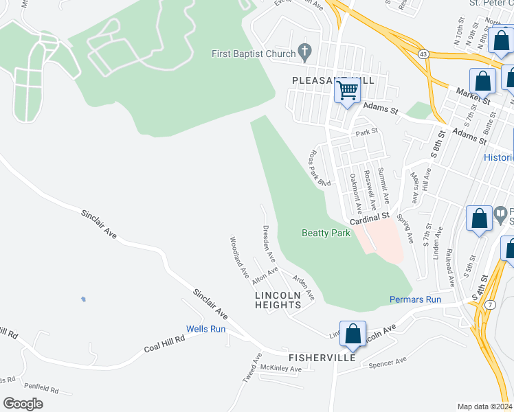 map of restaurants, bars, coffee shops, grocery stores, and more near 401 Dresden Avenue in Steubenville