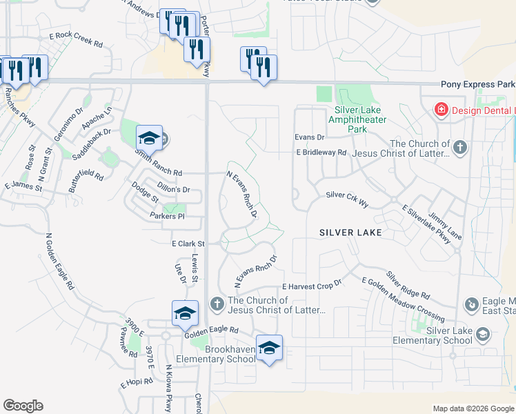 map of restaurants, bars, coffee shops, grocery stores, and more near 7592 North Evans Ranch Drive in Eagle Mountain