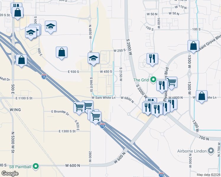 map of restaurants, bars, coffee shops, grocery stores, and more near 639 South 2250 West in Pleasant Grove
