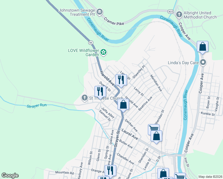 map of restaurants, bars, coffee shops, grocery stores, and more near 490R Duwell Street in Johnstown