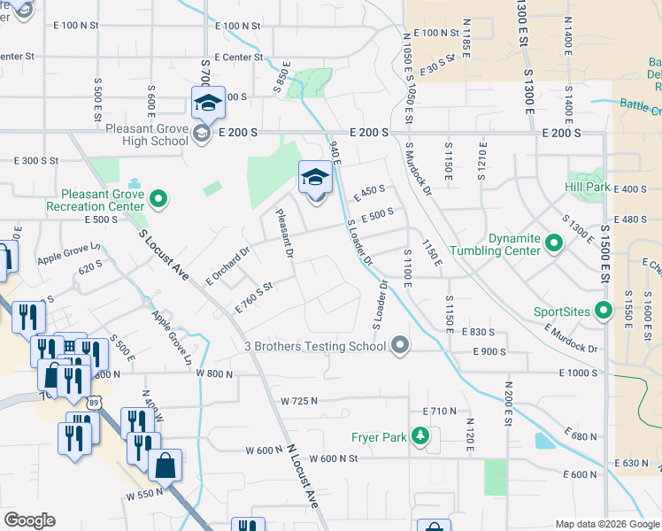 map of restaurants, bars, coffee shops, grocery stores, and more near 653 South 900 East in Pleasant Grove