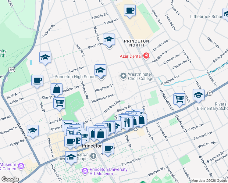 map of restaurants, bars, coffee shops, grocery stores, and more near Walnut Lane in Princeton