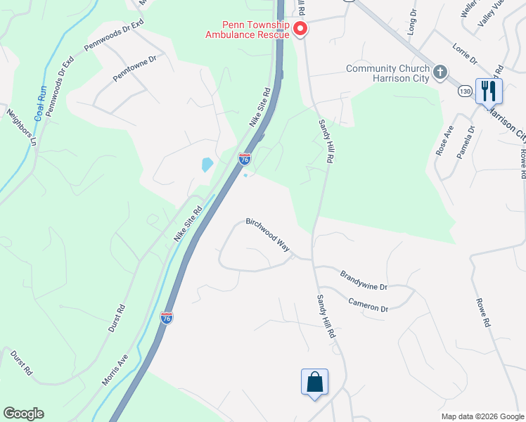 map of restaurants, bars, coffee shops, grocery stores, and more near 118 Birchwood Way in Irwin