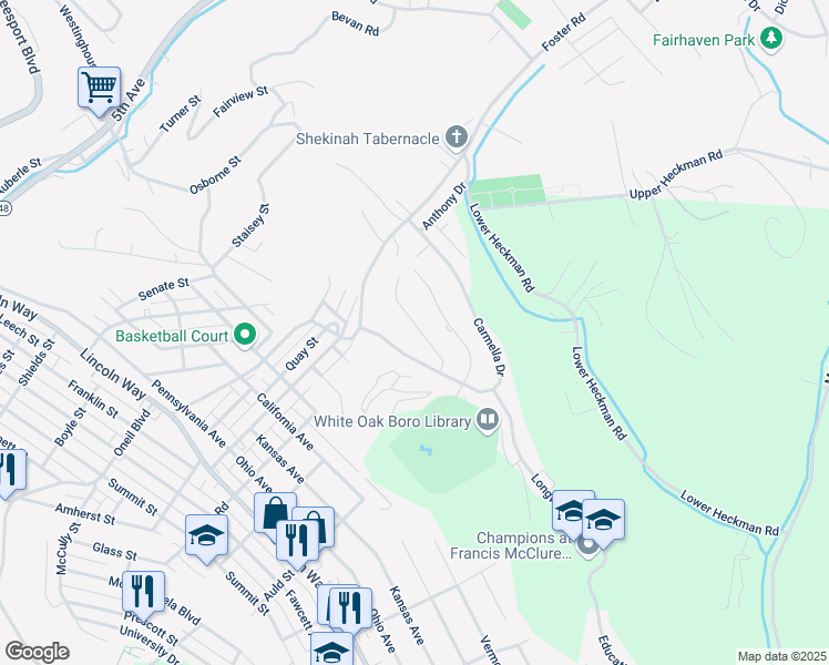 map of restaurants, bars, coffee shops, grocery stores, and more near 111 Carmella Drive in White Oak
