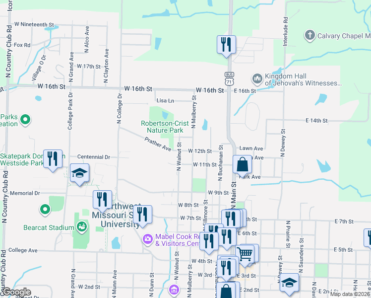 map of restaurants, bars, coffee shops, grocery stores, and more near 400-426 W 12th St in Maryville