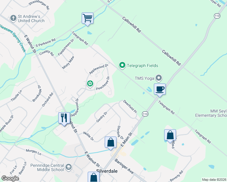map of restaurants, bars, coffee shops, grocery stores, and more near 2643 Crabapple Circle in Perkasie