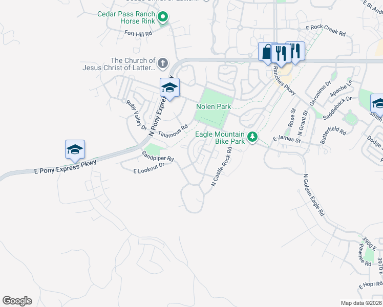 map of restaurants, bars, coffee shops, grocery stores, and more near 7592 North Snowy Owl Road in Eagle Mountain