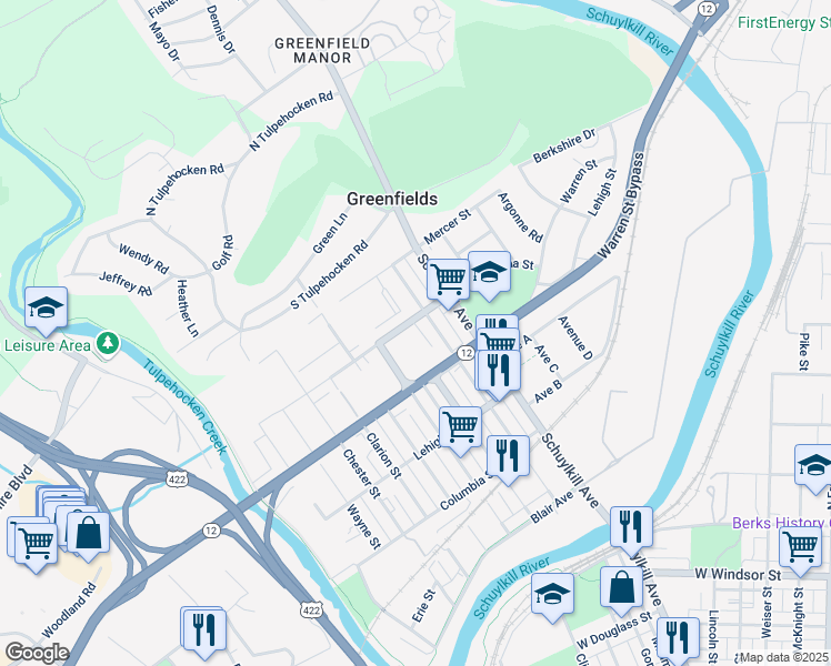 map of restaurants, bars, coffee shops, grocery stores, and more near 406 Lackawanna Street in Reading