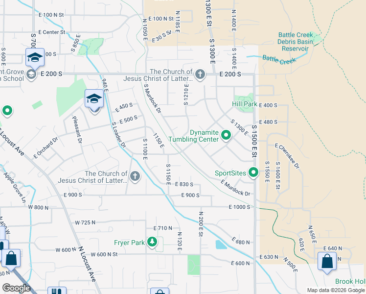 map of restaurants, bars, coffee shops, grocery stores, and more near 613 South Murdock Drive in Pleasant Grove