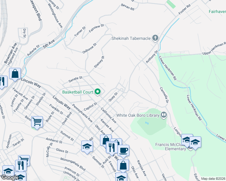 map of restaurants, bars, coffee shops, grocery stores, and more near 3137 Quay Street in White Oak