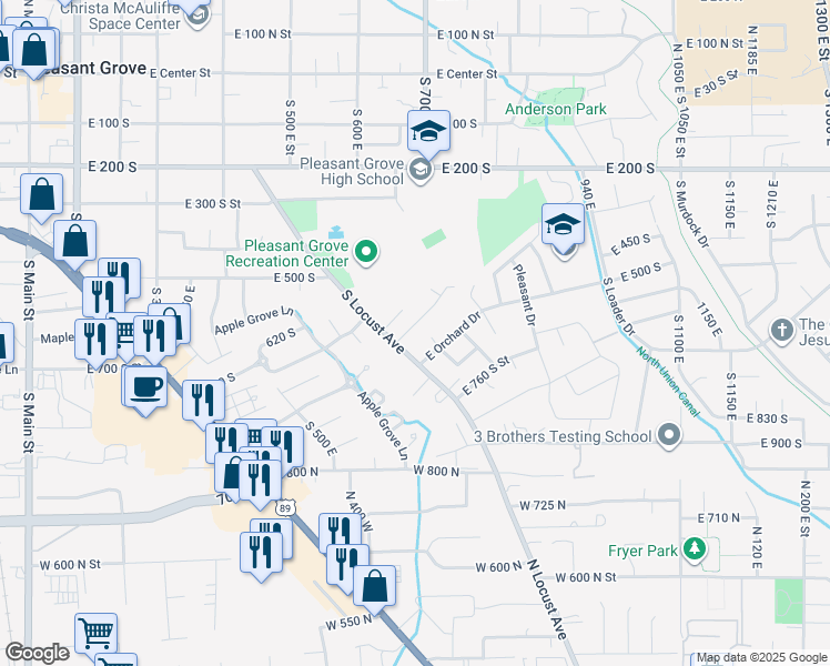 map of restaurants, bars, coffee shops, grocery stores, and more near 660 Cherry Hill Drive in Pleasant Grove