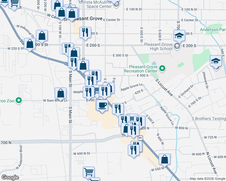 map of restaurants, bars, coffee shops, grocery stores, and more near 596 South 350 East in Pleasant Grove