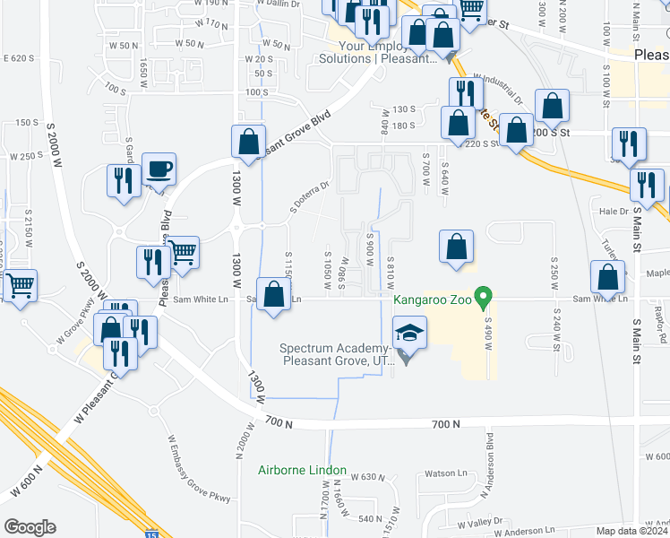 map of restaurants, bars, coffee shops, grocery stores, and more near 655 South 980 West in Pleasant Grove