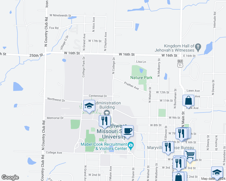 map of restaurants, bars, coffee shops, grocery stores, and more near 1121 North College Drive in Maryville