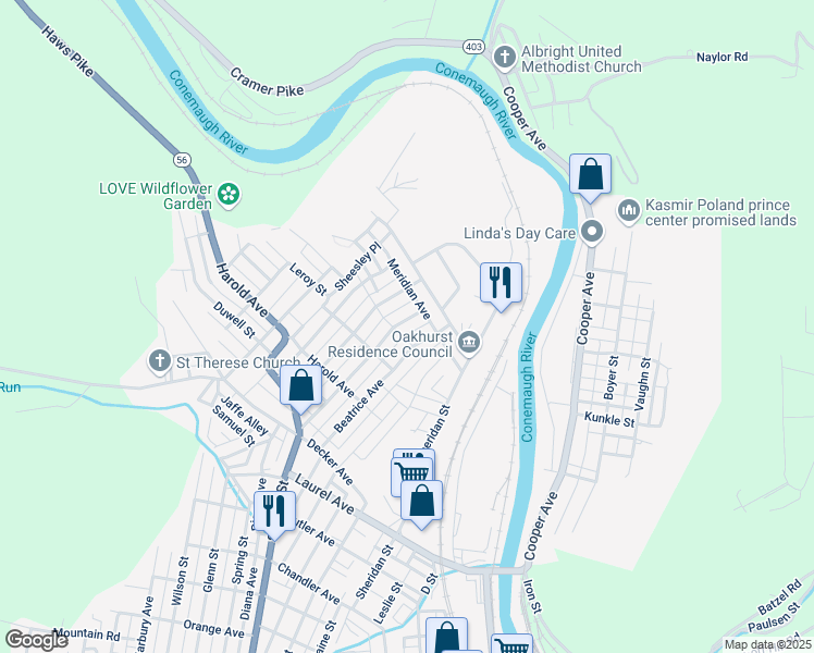 map of restaurants, bars, coffee shops, grocery stores, and more near Elliot Alley in Johnstown