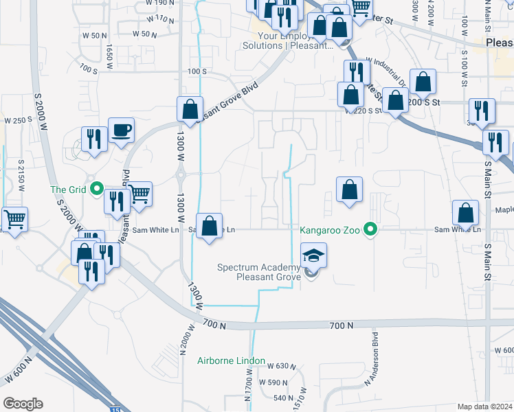 map of restaurants, bars, coffee shops, grocery stores, and more near 621 South 1050 West in Pleasant Grove