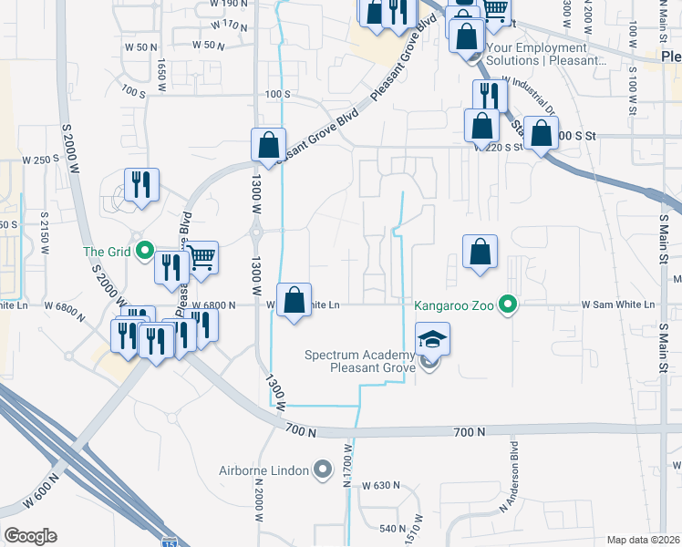 map of restaurants, bars, coffee shops, grocery stores, and more near 624 South 1050 West in Pleasant Grove
