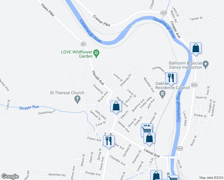 map of restaurants, bars, coffee shops, grocery stores, and more near 476 Harold Avenue in Johnstown