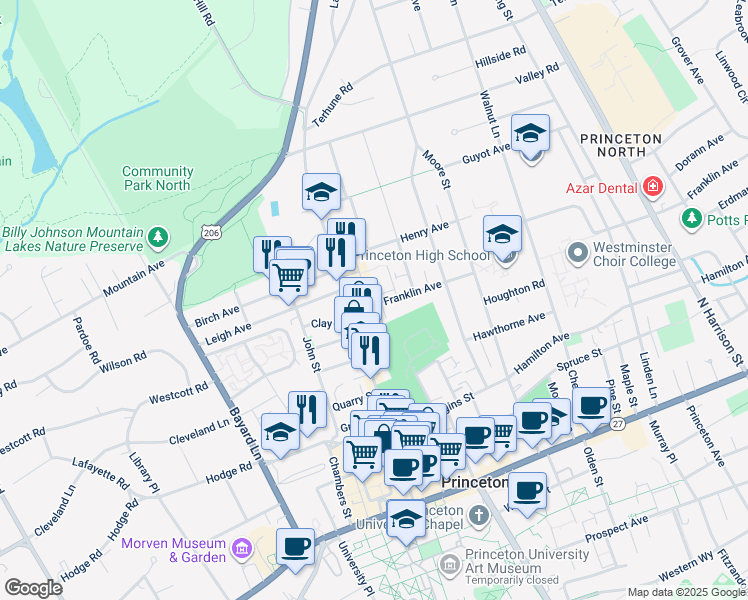 map of restaurants, bars, coffee shops, grocery stores, and more near 304 Franklin Avenue in Princeton