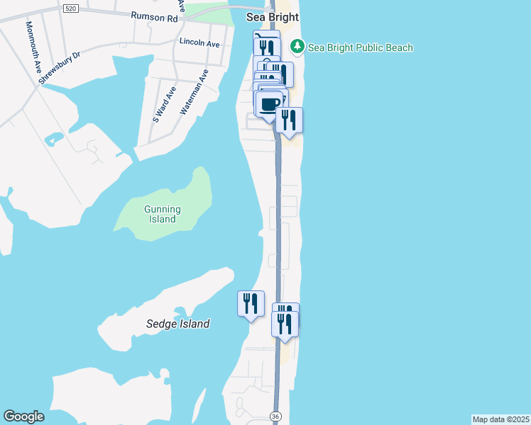 map of restaurants, bars, coffee shops, grocery stores, and more near 1266 New Jersey 36 in Sea Bright