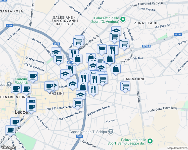 map of restaurants, bars, coffee shops, grocery stores, and more near 4 Via Vito Fornari in Lecce