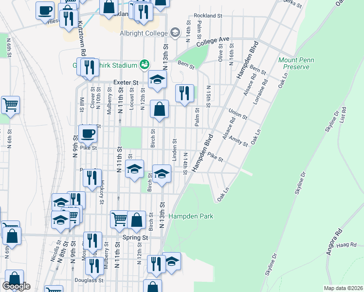 map of restaurants, bars, coffee shops, grocery stores, and more near 1335 East Linden Street in Reading
