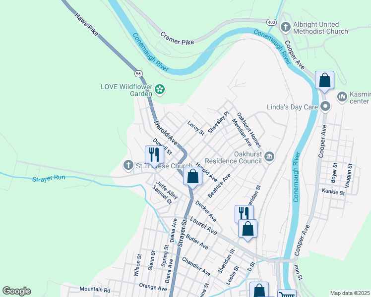 map of restaurants, bars, coffee shops, grocery stores, and more near 478 Harold Avenue in Johnstown
