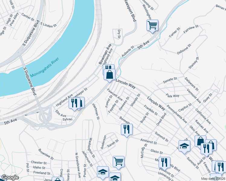 map of restaurants, bars, coffee shops, grocery stores, and more near 607 Fawcett Avenue in McKeesport
