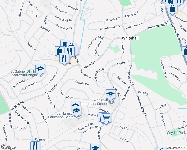 map of restaurants, bars, coffee shops, grocery stores, and more near 4785 Rolling Hills Road in Pittsburgh