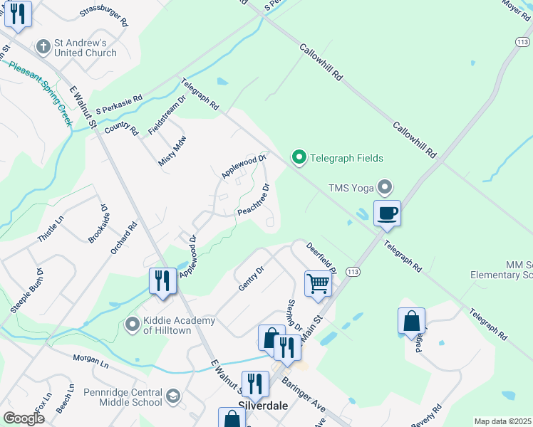 map of restaurants, bars, coffee shops, grocery stores, and more near 2613 Crabapple Circle in Perkasie