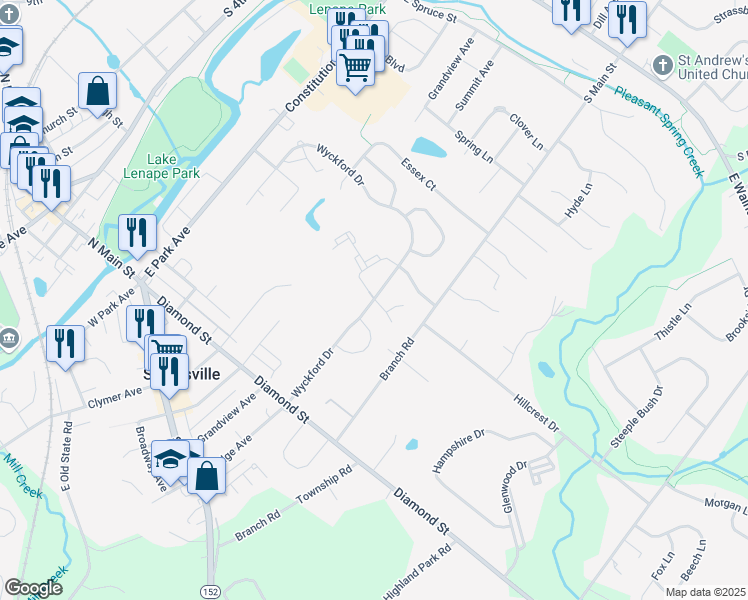 map of restaurants, bars, coffee shops, grocery stores, and more near 104 Mews Drive in Sellersville