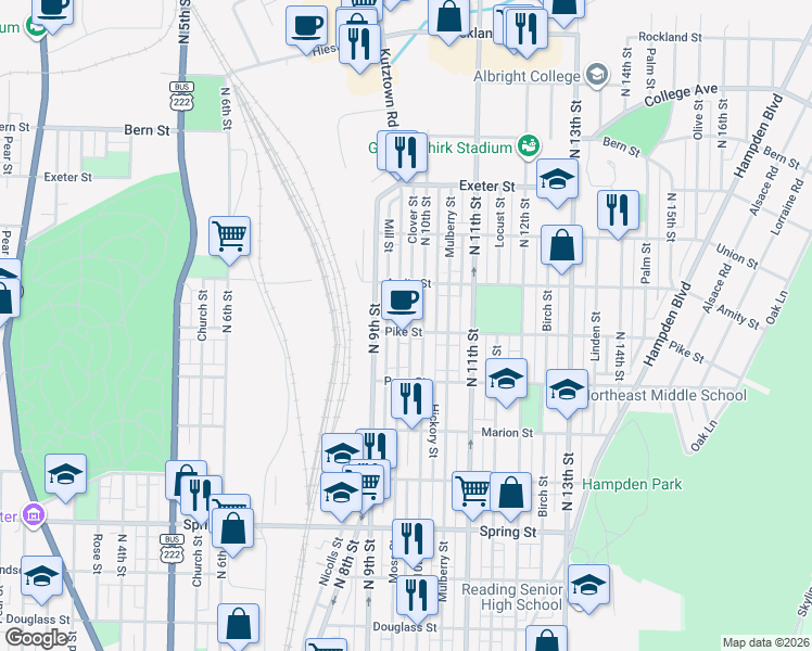 map of restaurants, bars, coffee shops, grocery stores, and more near 942 Pike Street in Reading
