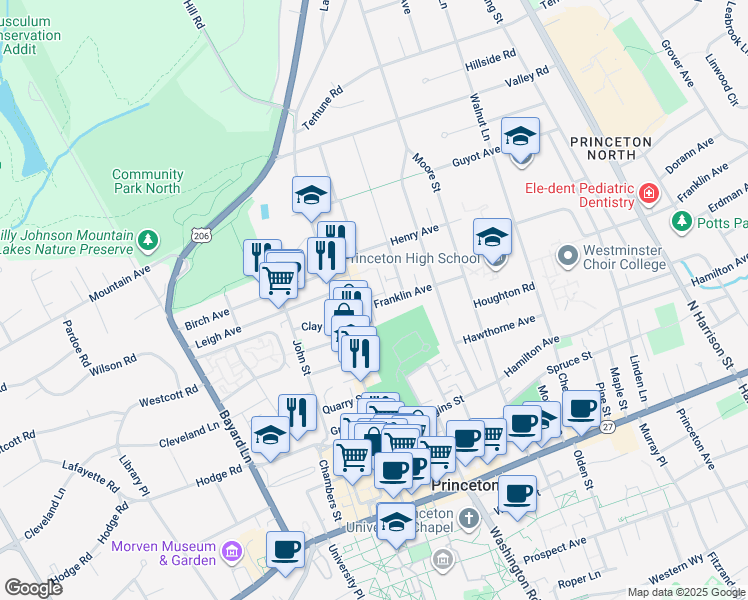 map of restaurants, bars, coffee shops, grocery stores, and more near 314 Franklin Avenue in Princeton