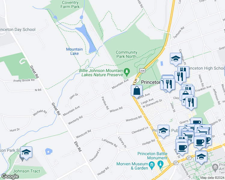 map of restaurants, bars, coffee shops, grocery stores, and more near 96 Mountain Avenue in Princeton